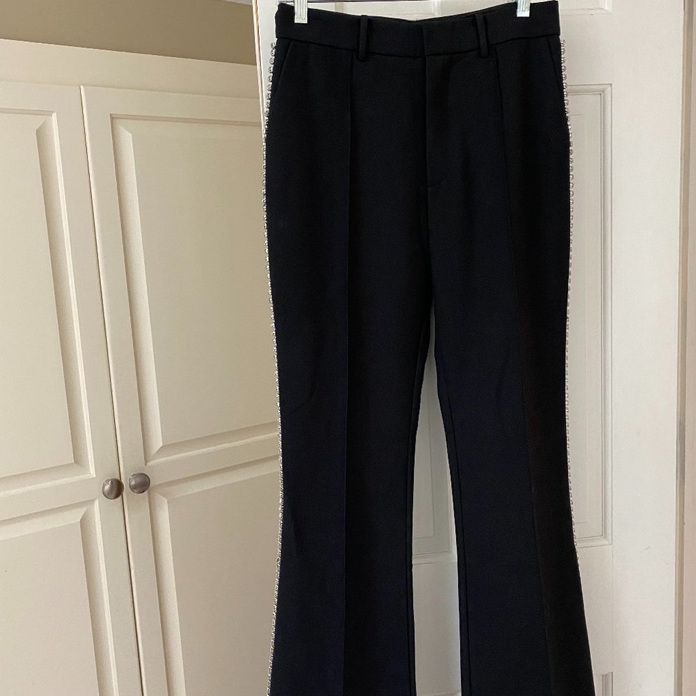 Beautiful Designer black wool blend bootcut pants with rhinestones down each leg